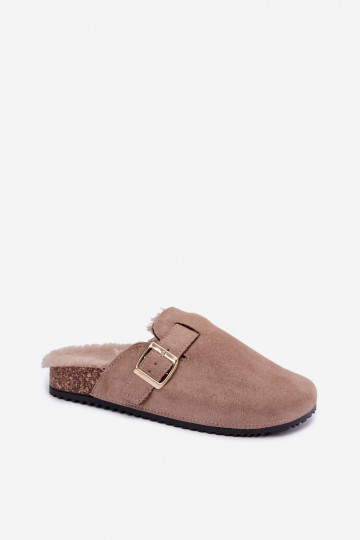 Hausschuhe Verstopfungen Mule Feminin sich Zuarm laufen mit Fell innen mit Schnallen Beige Tamera