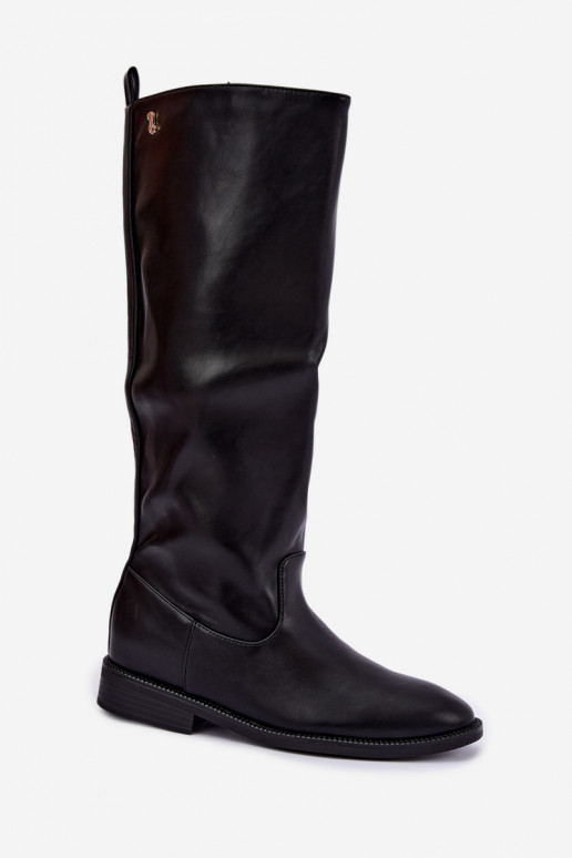 Warmen kniehohe Stiefel mit breiten Absätzen und Rüschen in schwarzer Odelira
