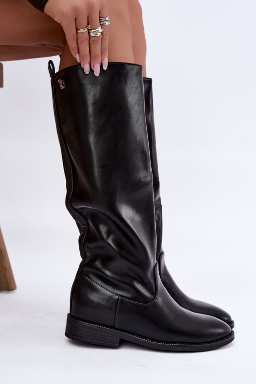 Warmen kniehohe Stiefel mit breiten Absätzen und Rüschen in schwarzer Odelira