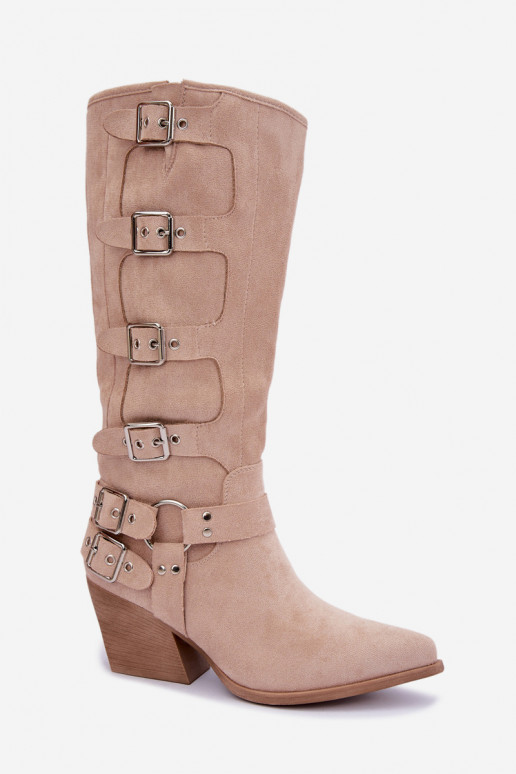 Knöchelhohe Cowboy-Stiefel mit Absatz und Schnallen in elfenbeinfarbener Fivelle