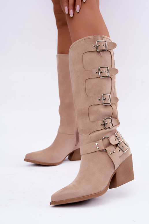 Knöchelhohe Cowboy-Stiefel mit Absatz und Schnallen in elfenbeinfarbener Fivelle