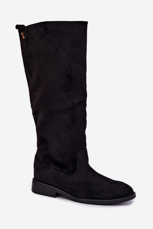 Warmen kniehohe Stiefel mit breiten Absätzen und Rüschen aus schwarzem Kunstveloursleder Odelira