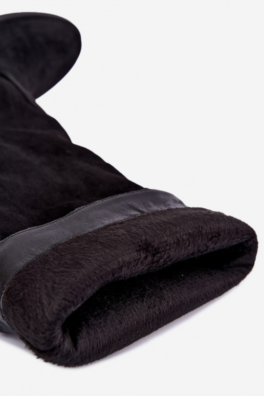 Warmen kniehohe Stiefel mit breiten Absätzen und Rüschen aus schwarzem Kunstveloursleder Odelira