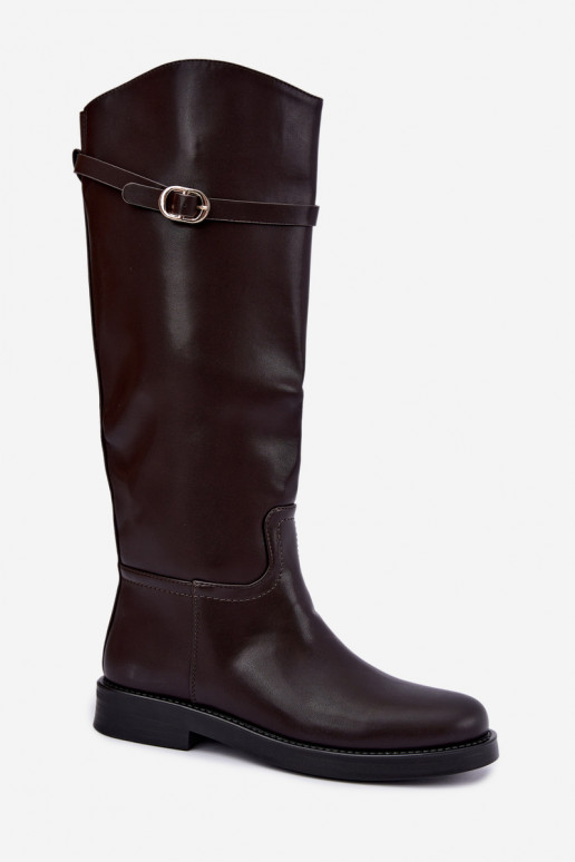 Damen kniehohe Stiefel mit breiten Absätzen und Riemen mit Schnallen in schokoladenfarbener Sylvena