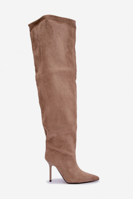 Damen kniehohe Stiefel mit schmalen Absätzen in Sandfarbe Aderelle