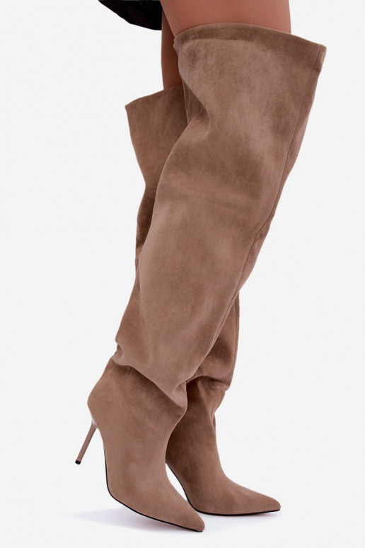 Damen kniehohe Stiefel mit schmalen Absätzen in Sandfarbe Aderelle