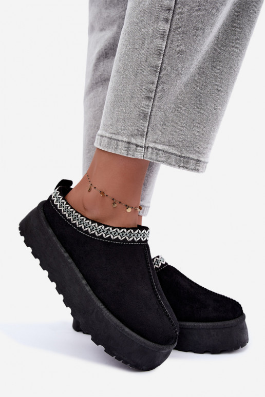 Damen niedrige Schneestiefel mit bestickten Blumen und Plattform in schwarzer Farbe Įjungtarirya