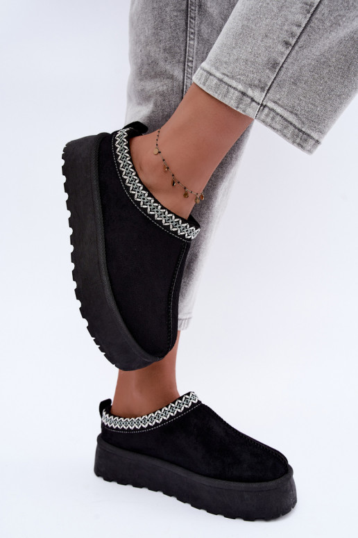 Damen niedrige Schneestiefel mit bestickten Blumen und Plattform in schwarzer Farbe Įjungtarirya