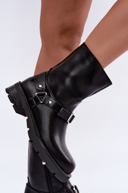 Wärmende Damen Stiefeletten mit Riemen und Schnallen in schwarzer Farbe Delmora