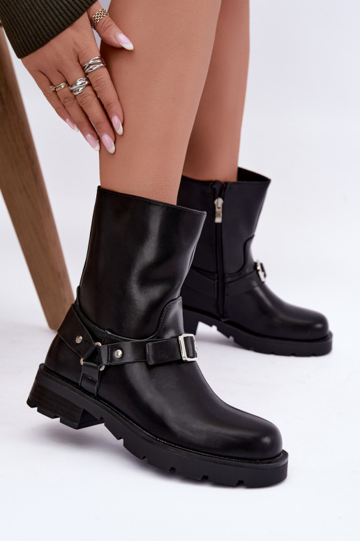 Wärmende Damen Stiefeletten mit Riemen und Schnallen in schwarzer Farbe Delmora