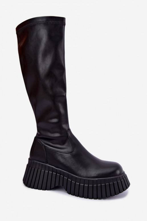 Schwarze kniehohe Stiefel mit Plattform Haldora