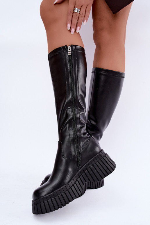 Schwarze kniehohe Stiefel mit Plattform Haldora