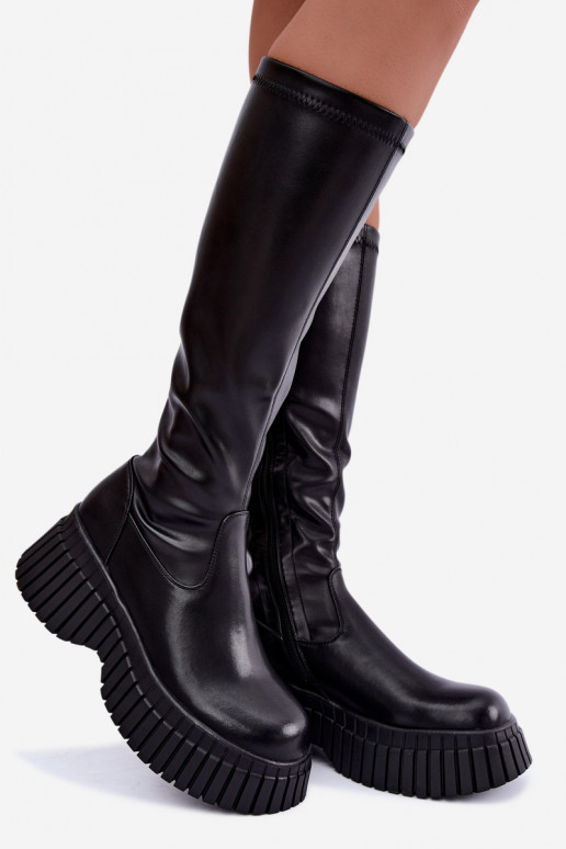 Schwarze kniehohe Stiefel mit Plattform Haldora