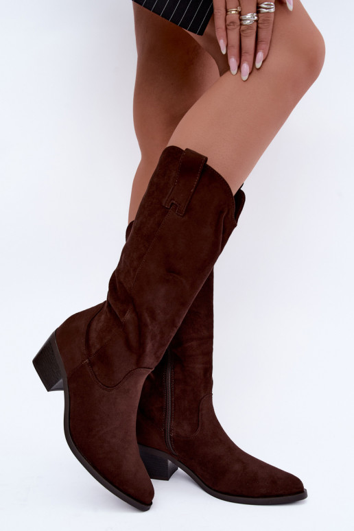 Wärmende kniehohe Cowboy-Stiefel mit Absatz in Braun Rialene