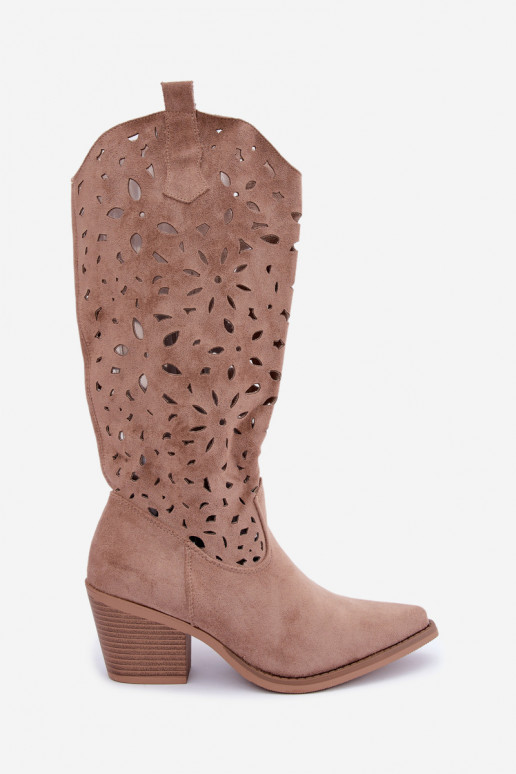 Ausschnitt kniehohe Cowboy-Stiefel mit Absatz in Sand Salirae