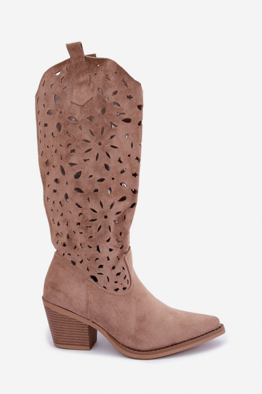 Ausschnitt kniehohe Cowboy-Stiefel mit Absatz in Sand Salirae
