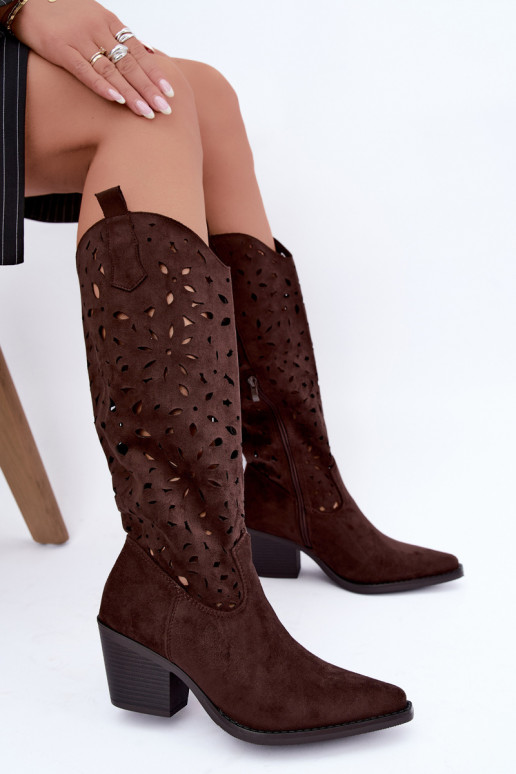 Ausschnitt kniehohe Cowboy-Stiefel mit Absatz in Braun Salirae