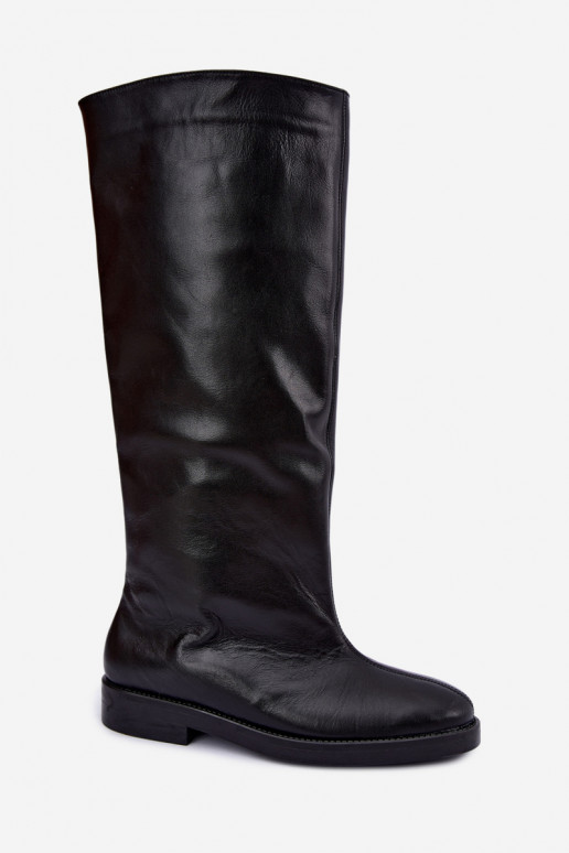 Wärmende lederne kniehohe Stiefel mit breiten Absätzen in Schwarz Zazoo 542