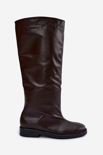 Wärmende lederne kniehohe Stiefel mit breiten Absätzen in Braun Zazoo 542 2