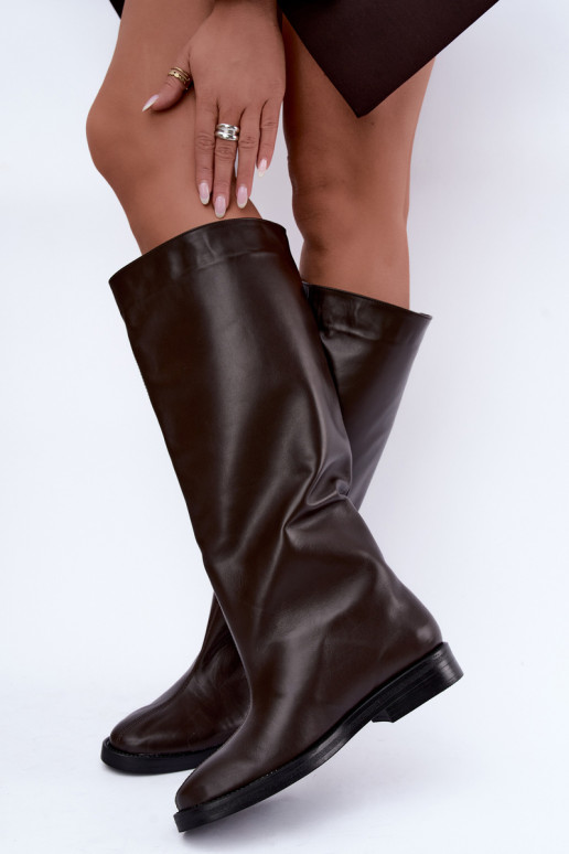 Wärmende lederne kniehohe Stiefel mit breiten Absätzen in Braun Zazoo 542