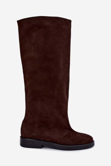 Wärmende kniehohe Stiefel aus Kunstveloursleder mit breiten Absätzen in Braun Zazoo 542 2