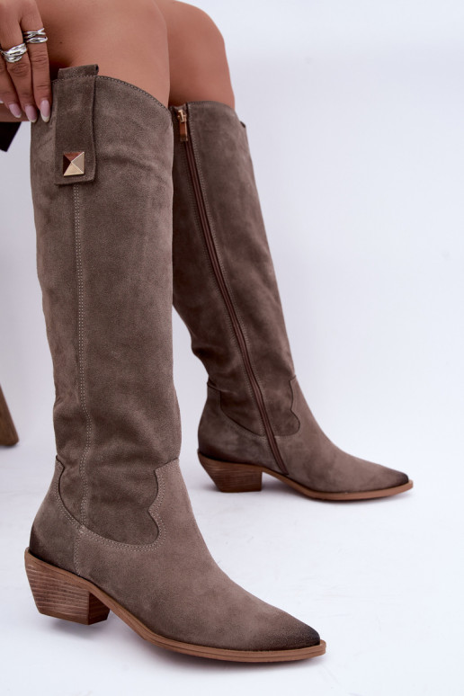 Wärmende kniehohe Stiefel im Cowboy-Stil aus Kunstveloursleder in Ton Zazoo 4224