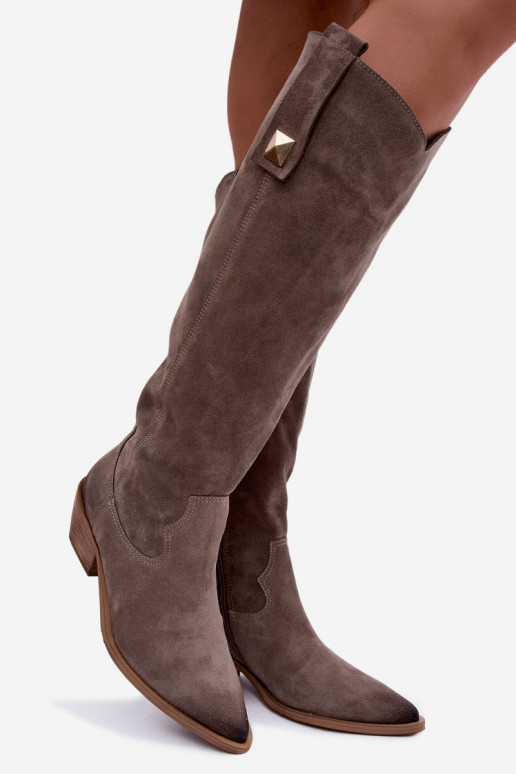 Wärmende kniehohe Stiefel im Cowboy-Stil aus Kunstveloursleder in Ton Zazoo 4224