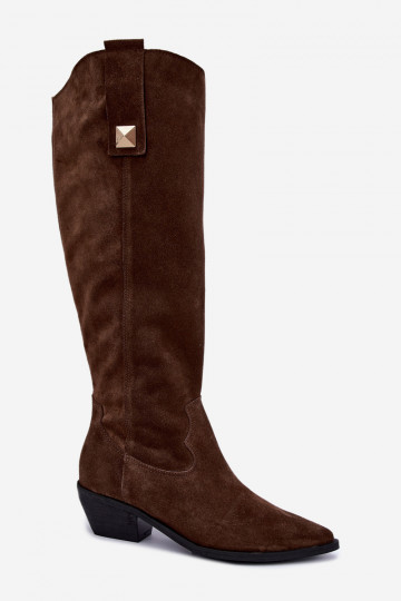 Wärmende kniehohe Stiefel im Cowboy-Stil aus Kunstveloursleder in Braun Zazoo 4224