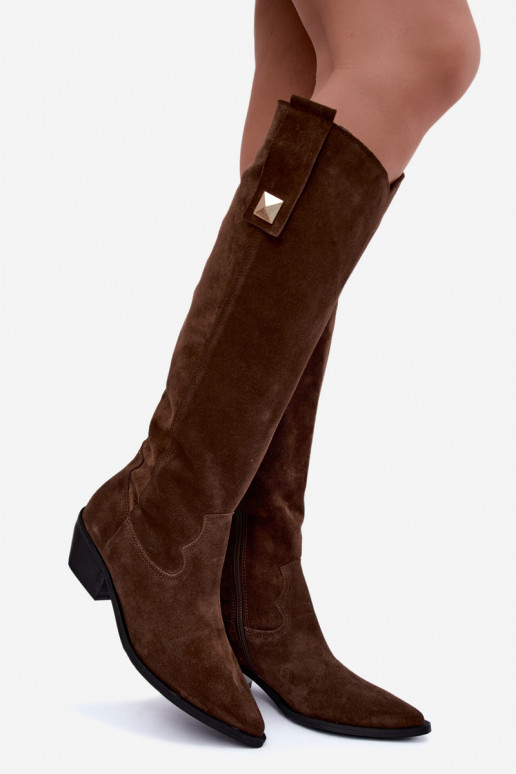 Wärmende kniehohe Stiefel im Cowboy-Stil aus Kunstveloursleder in Braun Zazoo 4224