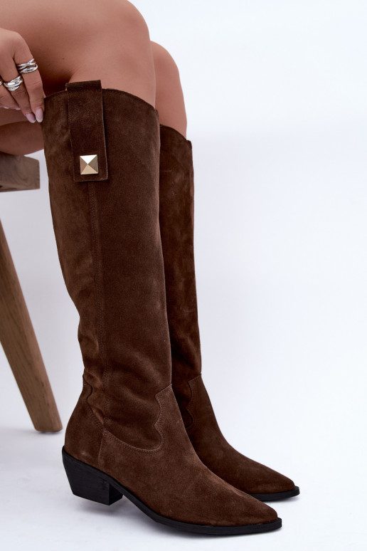 Wärmende kniehohe Stiefel im Cowboy-Stil aus Kunstveloursleder in Braun Zazoo 4224