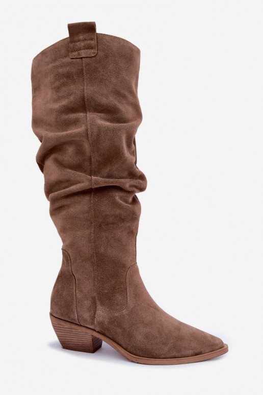 Wärmende zerknitterte kniehohe Stiefel im Cowboy-Stil aus Kunstveloursleder in Braun Zazoo 4313