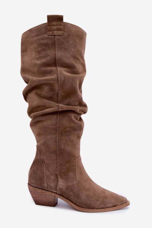 Wärmende zerknitterte kniehohe Stiefel im Cowboy-Stil aus Kunstveloursleder in Braun Zazoo 4313