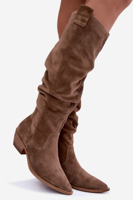 Wärmende zerknitterte kniehohe Stiefel im Cowboy-Stil aus Kunstveloursleder in Braun Zazoo 4313