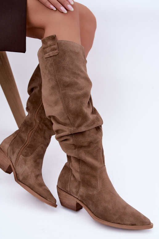 Wärmende zerknitterte kniehohe Stiefel im Cowboy-Stil aus Kunstveloursleder in Braun Zazoo 4313