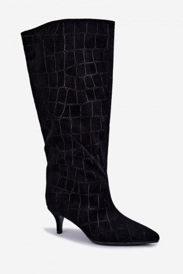 Schwarze Überknie-Stiefel zum Hineinschlüpfen mit geprägten Details und Absätzen Cazelle 2