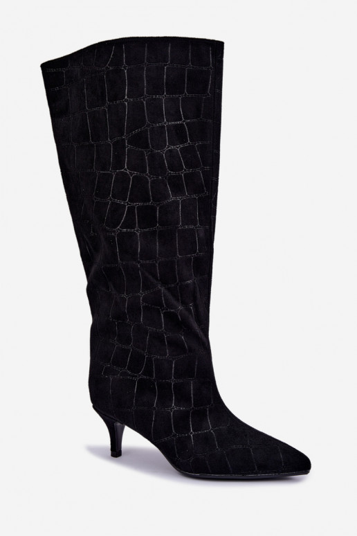 Schwarze Überknie-Stiefel zum Hineinschlüpfen mit geprägten Details und Absätzen Cazelle