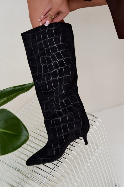 Schwarze Überknie-Stiefel zum Hineinschlüpfen mit geprägten Details und Absätzen Cazelle