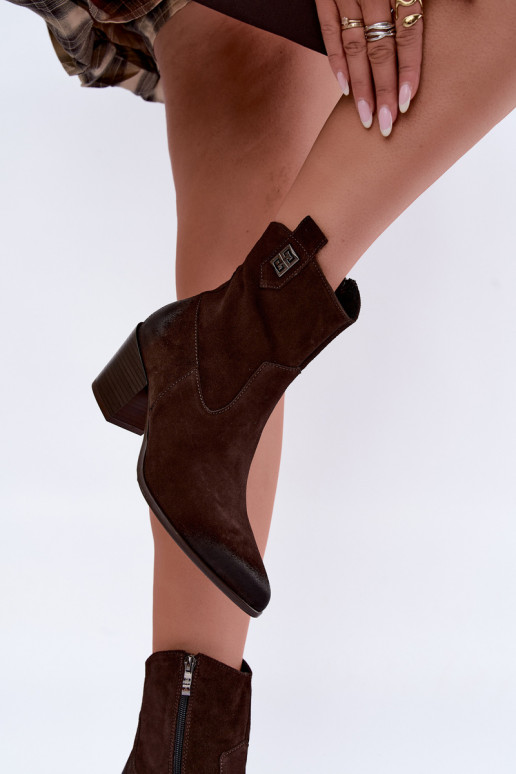 Damen gefütterte Cowboy-Stiefeletten mit Absätzen aus Naturveloursleder Zazoo 60603