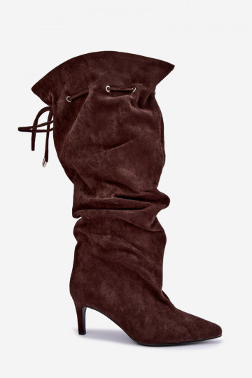 wärmende Stiefel zum Hineinschlüpfen bis zum Knie mit dünnen Absätzen und stilvollen Details in Schokoladenfarbe Tivelle 2