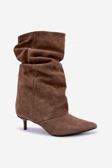 Schlüpfschuh-Stiefeletten mit Absatz aus Kunstveloursleder in Khaki-Farbe Cindrelle 2