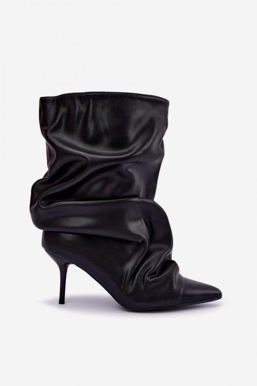 geknitterte warme Schlüpfschuh-Stiefeletten mit dünnen Absätzen in schwarzer Farbe aus Kunstleder Greselle