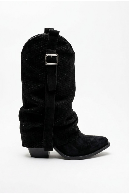 Schwarze kniehohe Cowboy-Stiefel mit spitzem Zehen und Absätzen Calenne
