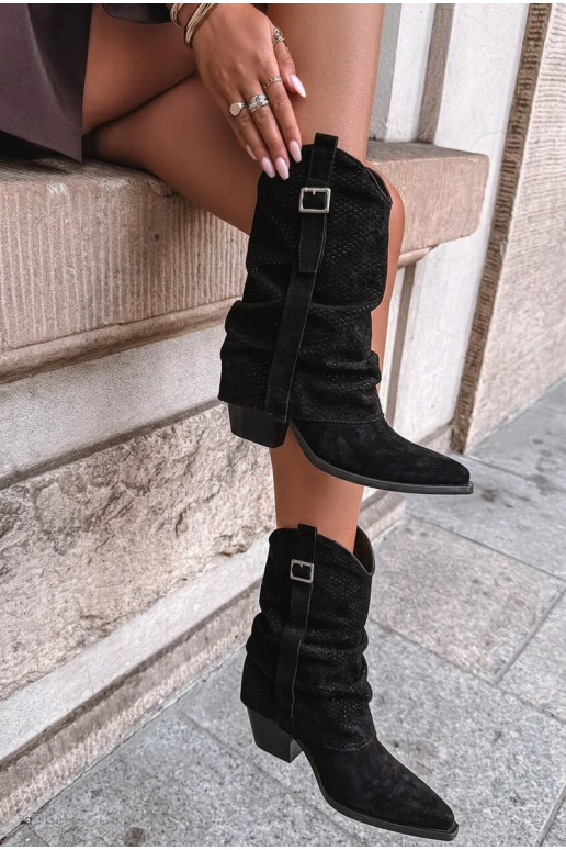 Schwarze kniehohe Cowboy-Stiefel mit spitzem Zehen und Absätzen Calenne