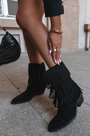 Cowboy-Stil Stiefeletten mit Fransen und Absätzen in Schwarz Lunia
