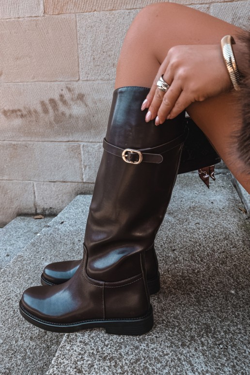 Damen kniehohe Stiefel mit breiten Absätzen und Riemen mit Schnallen in schokoladenfarbener Sylvena