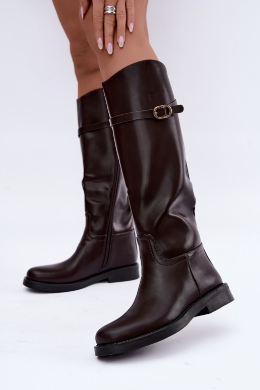 Damen kniehohe Stiefel mit breiten Absätzen und Riemen mit Schnallen in schokoladenfarbener Sylvena