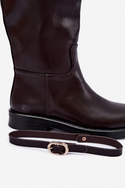 Damen kniehohe Stiefel mit breiten Absätzen und Riemen mit Schnallen in schokoladenfarbener Sylvena