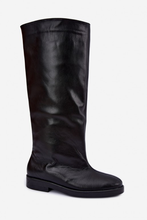 Wärmende lederne kniehohe Stiefel mit breiten Absätzen in Schwarz Zazoo 542