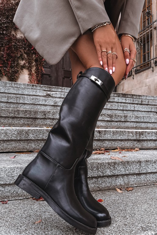 Damen kniehohe Stiefel mit verzierten Absätzen aus schwarzem Kunstleder Palisse