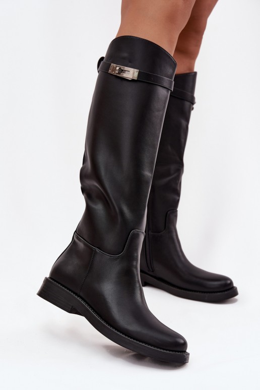 Damen kniehohe Stiefel mit verzierten Absätzen aus schwarzem Kunstleder Palisse